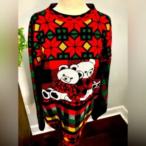 Vintage 80s 90s Holiday Time Teddy Bear Plaid Ugly Christmas Sweater
