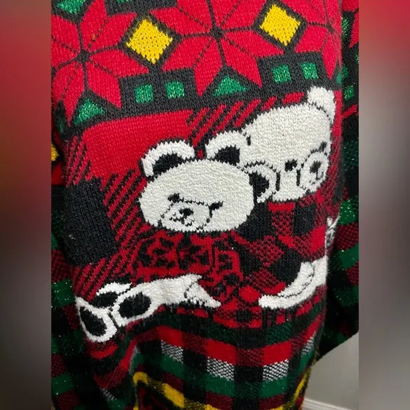 Vintage 80s 90s Holiday Time Teddy Bear Plaid Ugly Christmas Sweater