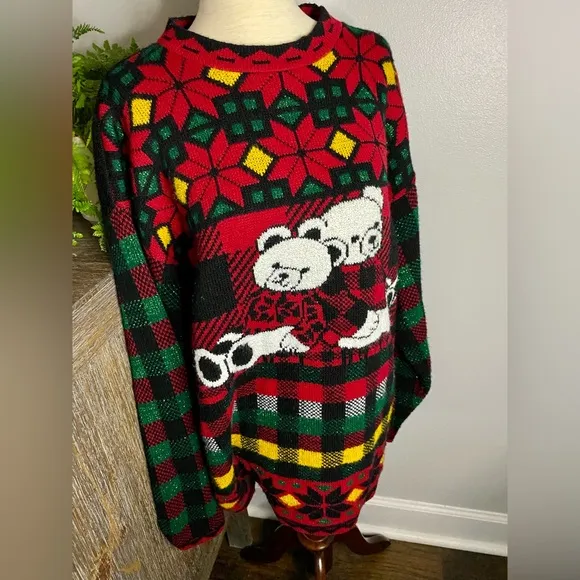 Vintage 80s 90s Holiday Time Teddy Bear Plaid Ugly Christmas Sweater
