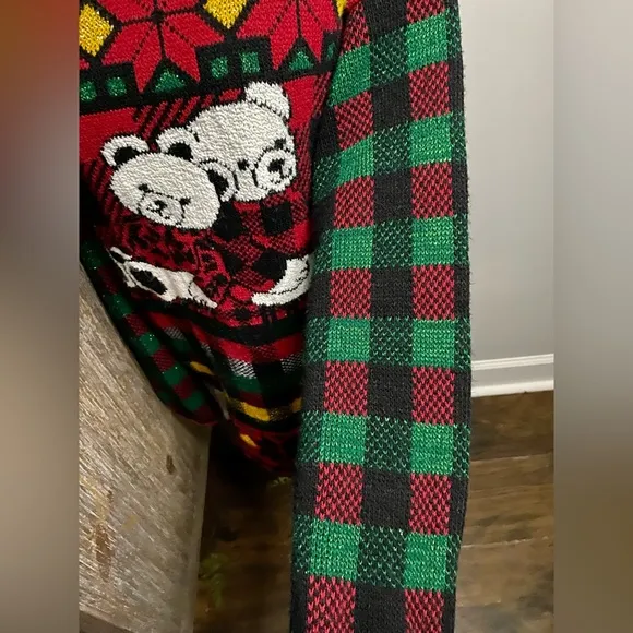 Vintage 80s 90s Holiday Time Teddy Bear Plaid Ugly Christmas Sweater